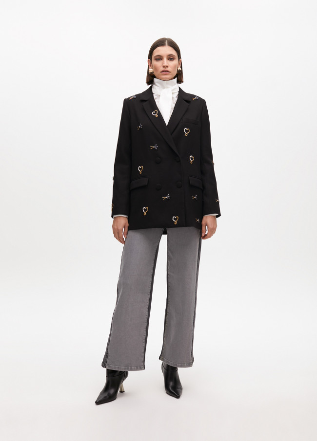 Double-breasted blazer with rhinestone embroidery