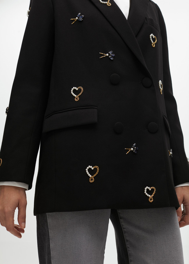 Double-breasted blazer with rhinestone embroidery