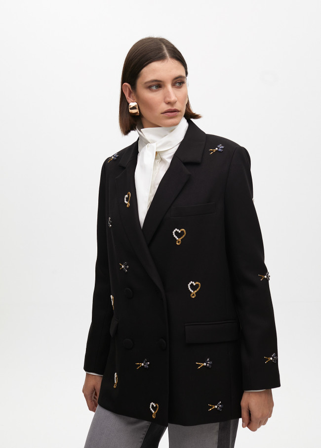 Double-breasted blazer with rhinestone embroidery