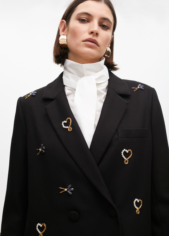 Double-breasted blazer with rhinestone embroidery