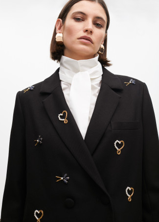 Double-breasted blazer with rhinestone embroidery