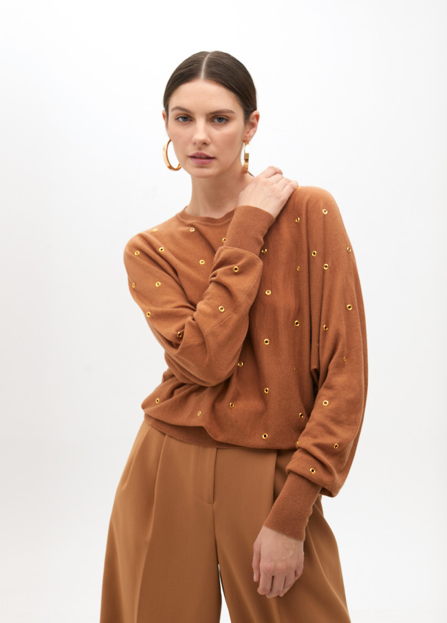 Drop sleeve sweater with eyelets