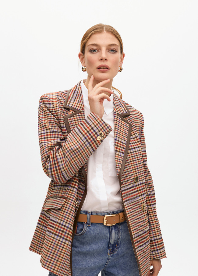 Double-breasted check blazer with contrast trim