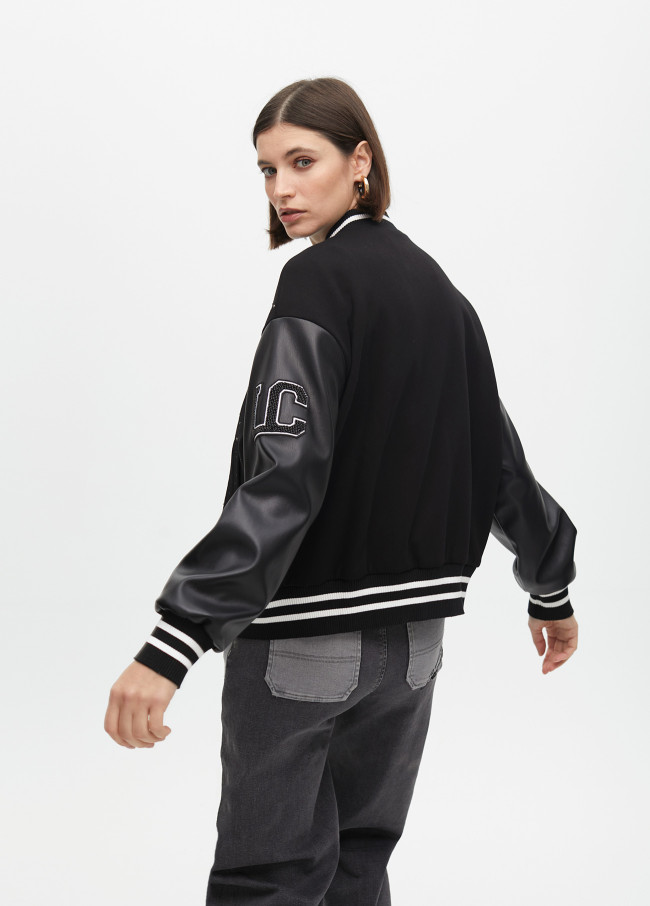 Bomber jacket featuring rhinestone and faux...