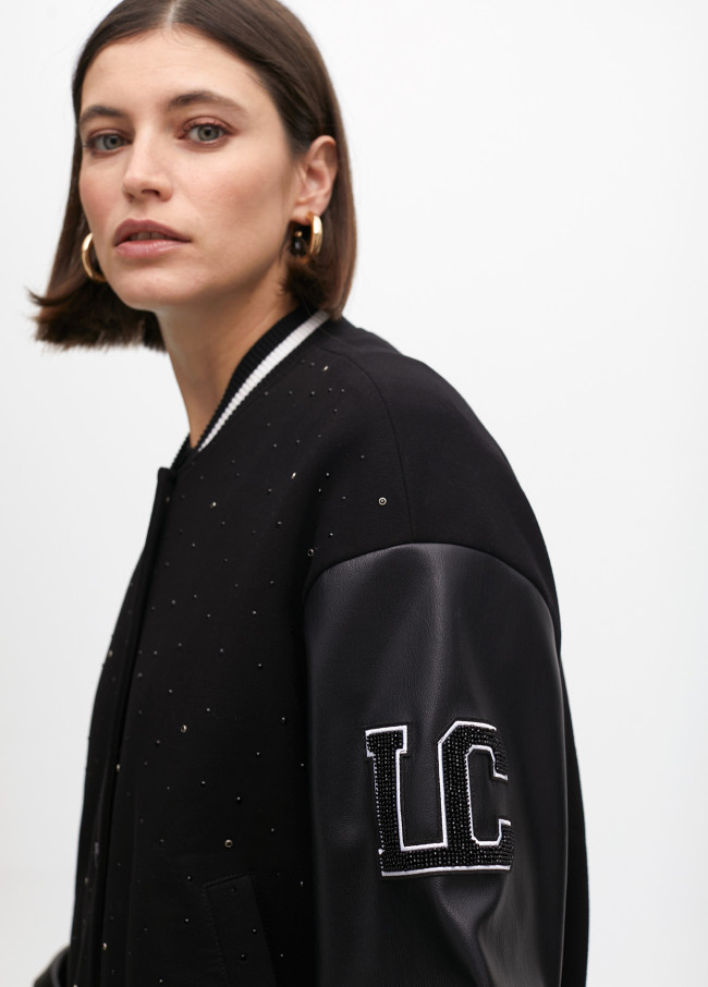 Bomber jacket featuring rhinestone and faux...