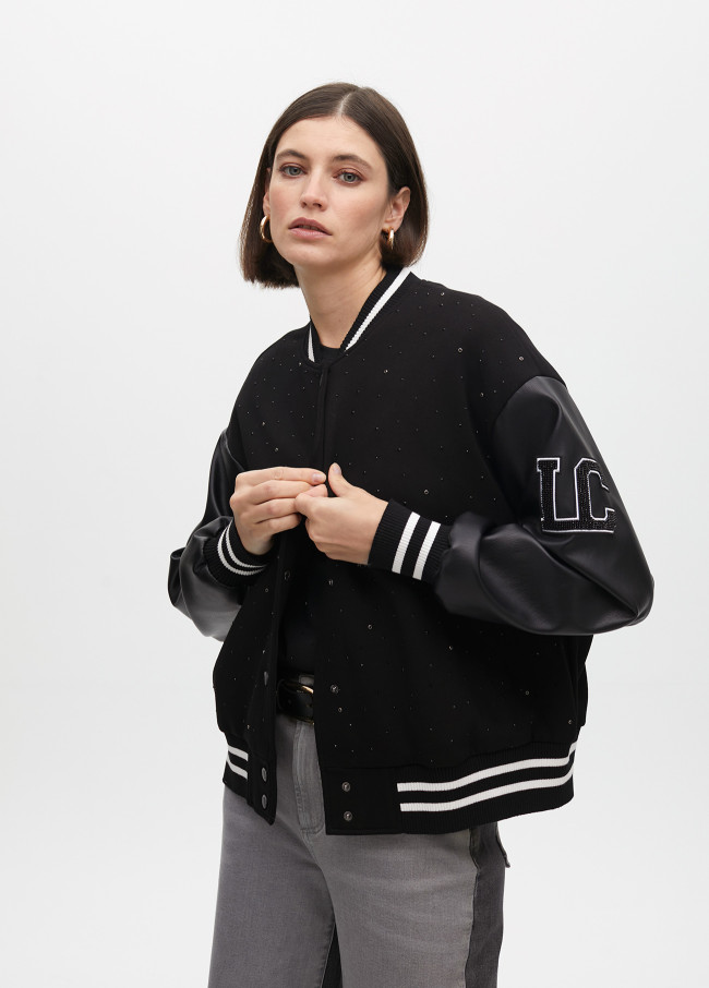 Bomber jacket featuring rhinestone and faux...