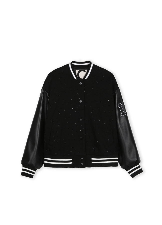 Bomber jacket featuring rhinestone and faux...