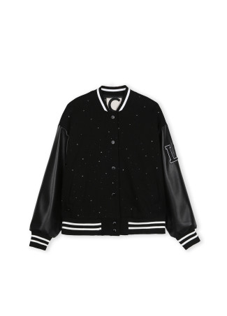 Bomber jacket featuring rhinestone and faux leather details