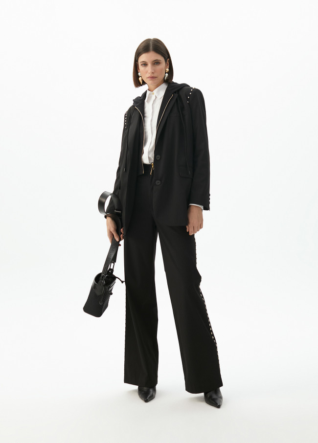 Pinstripe blazer with detachable hood and round...