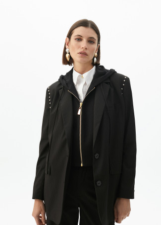 Pinstripe blazer with detachable hood and round studs