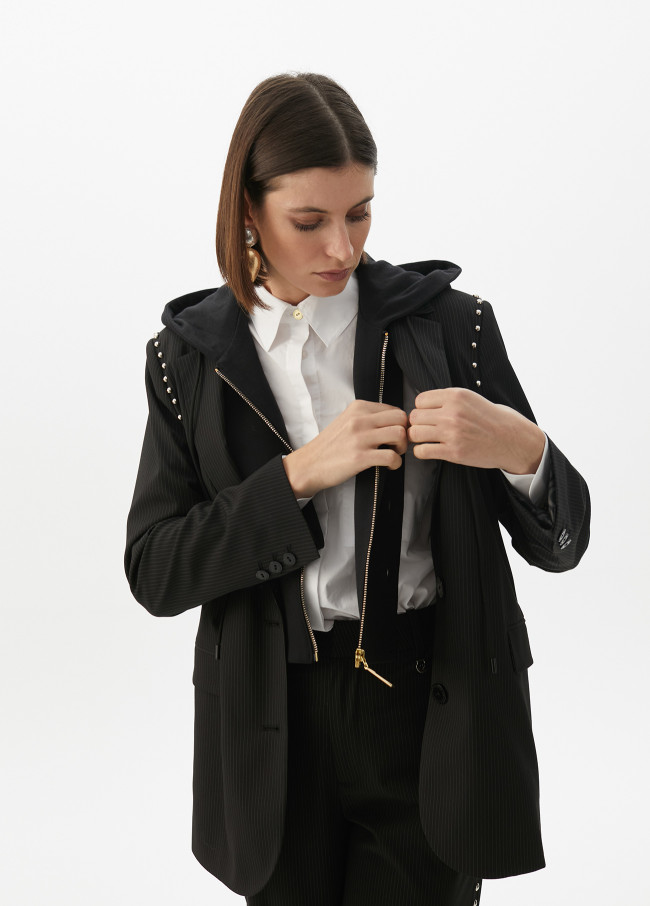 Pinstripe blazer with detachable hood and round...