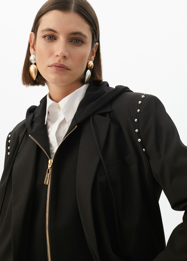 Pinstripe blazer with detachable hood and round...