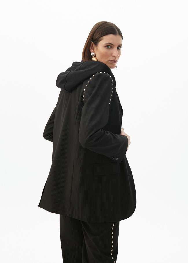 Pinstripe blazer with detachable hood and round...