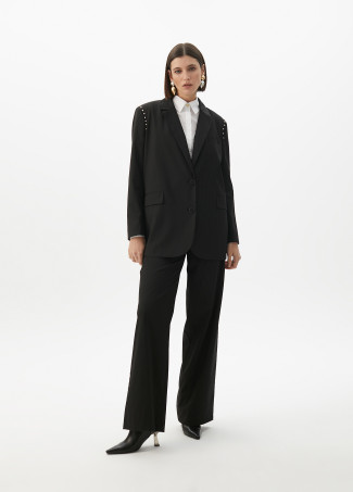 Pinstripe blazer with detachable hood and round studs