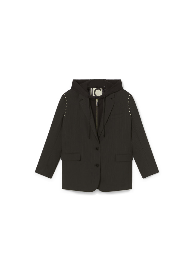 Pinstripe blazer with detachable hood and round...