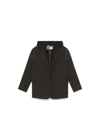 Pinstripe blazer with detachable hood and round studs