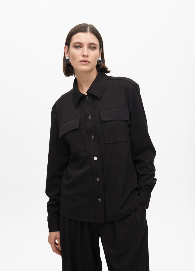 Camisa de Riscas Lamé com Bolsos