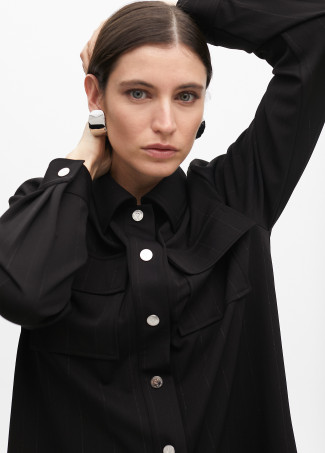 Camisa de Riscas Lamé com Bolsos