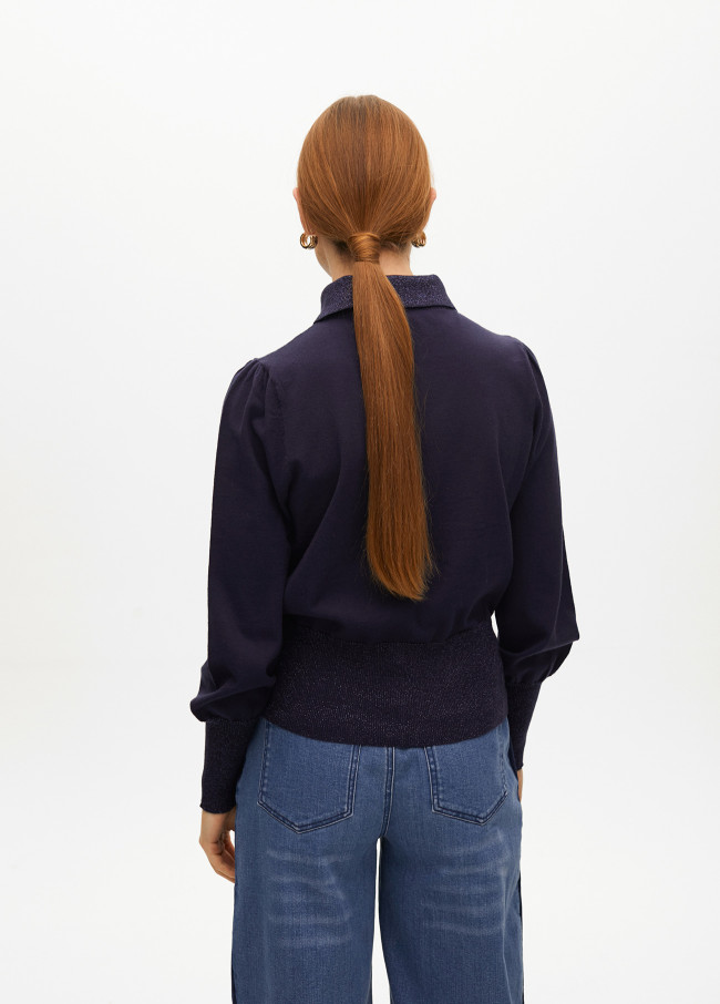 Puff sleeve sweater with polo collar
