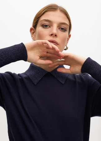 Puff sleeve sweater with polo collar