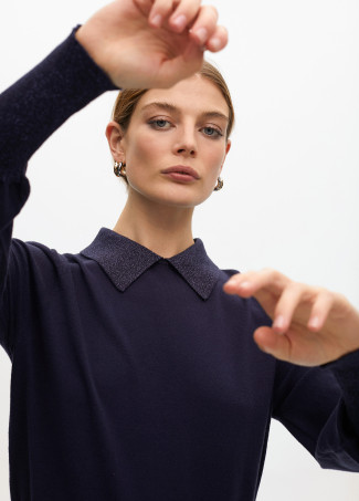 Puff sleeve sweater with polo collar