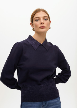 Puff sleeve sweater with polo collar