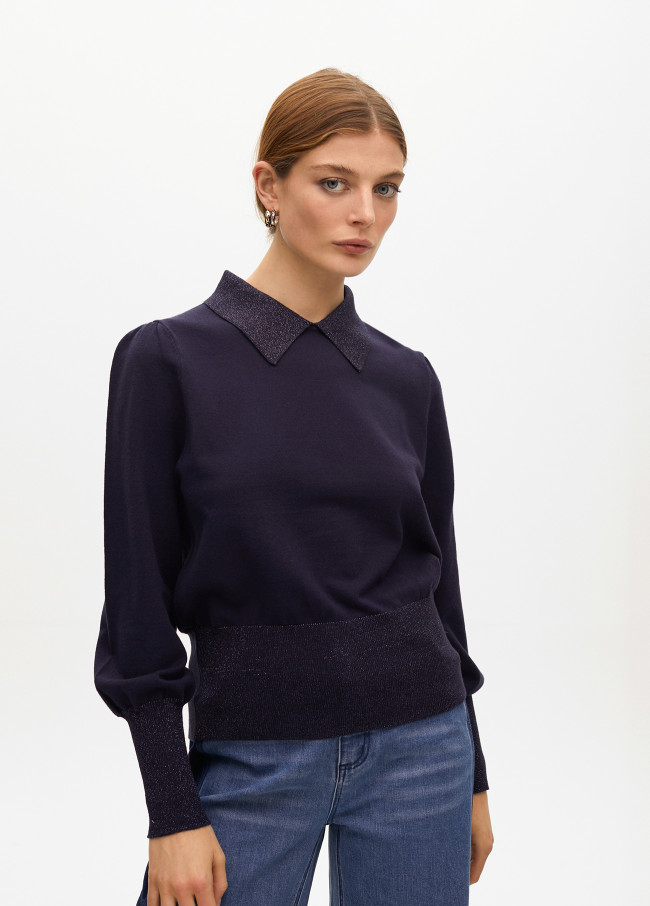 Puff sleeve sweater with polo collar