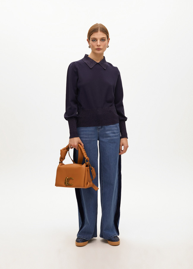 Puff sleeve sweater with polo collar