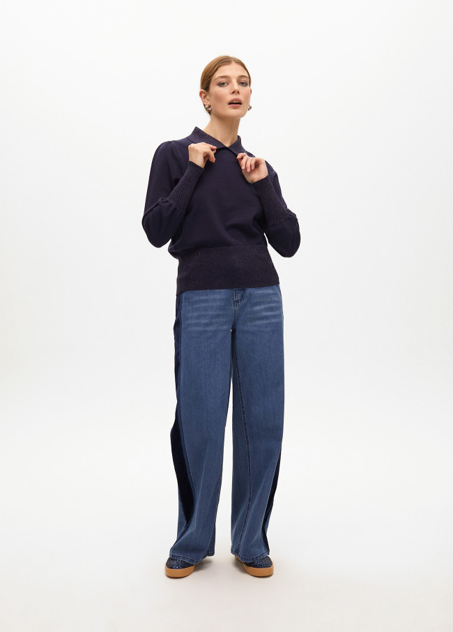 Puff sleeve sweater with polo collar