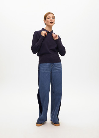 Puff sleeve sweater with polo collar