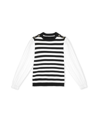 Striped sweater with contrast poplin sleeves