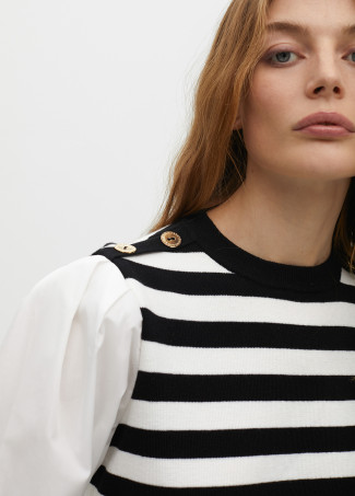 Striped sweater with contrast poplin sleeves