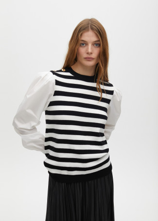 Striped sweater with contrast poplin sleeves
