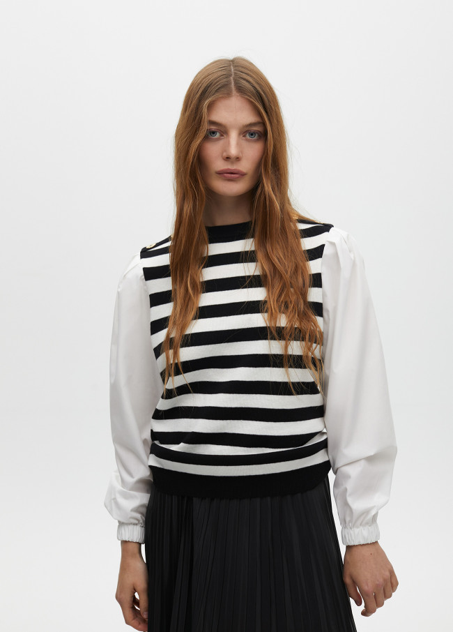 Striped sweater with contrast poplin sleeves