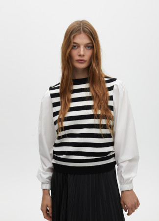 Striped sweater with contrast poplin sleeves