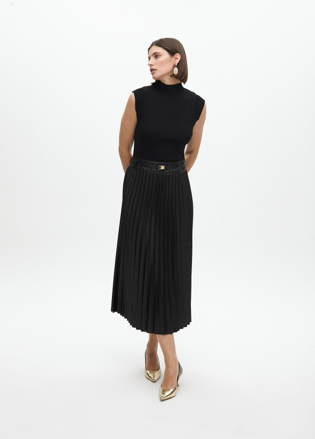Sleeveless faux leather midi dress with pleated...