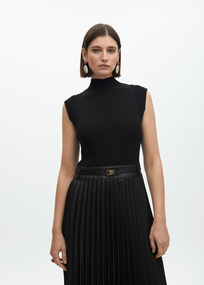 Sleeveless faux leather midi dress with pleated...