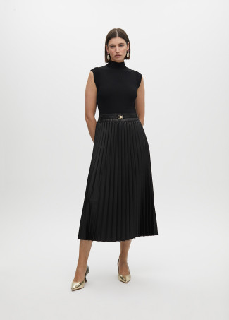 Sleeveless faux leather midi dress with pleated skirt