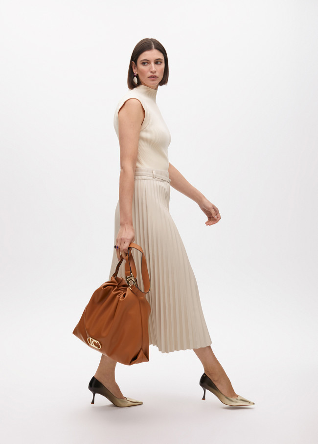 Sleeveless faux leather midi dress with pleated...