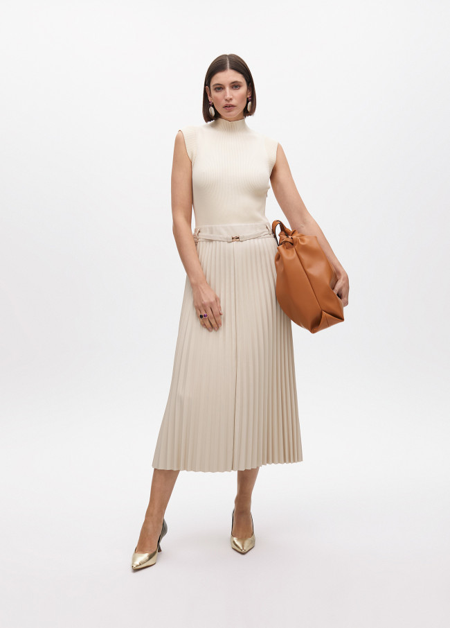 Midikleid mit plissiertem Kunstlederrock