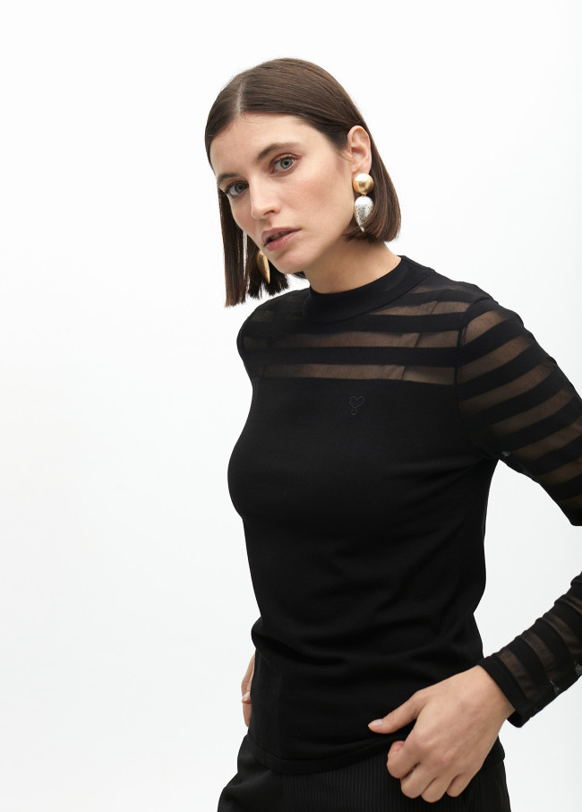 Fine knit sweater with transparent stripes