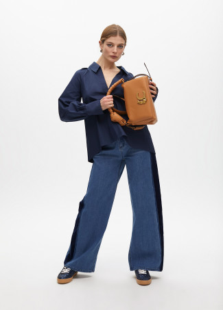 Poplin shirt with polo collar and puff sleeves