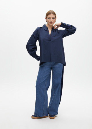 Poplin shirt with polo collar and puff sleeves