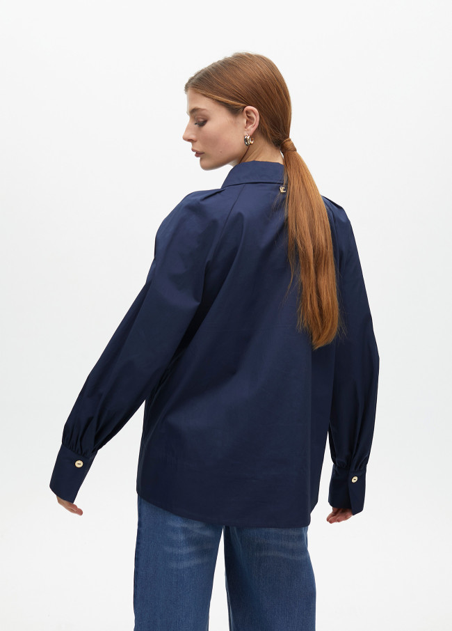 Poplin shirt with polo collar and puff sleeves