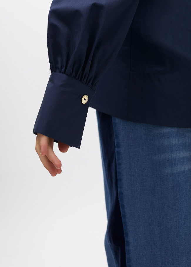 Poplin shirt with polo collar and puff sleeves