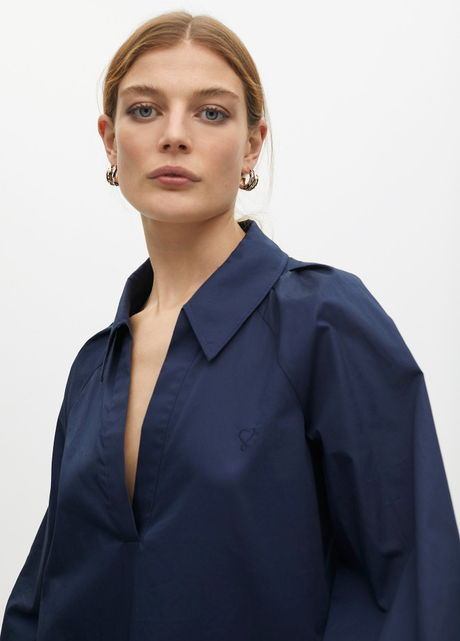 Poplin shirt with polo collar and puff sleeves