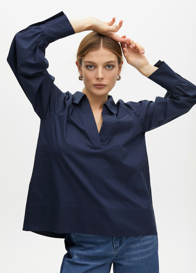 Poplin shirt with polo collar and puff sleeves