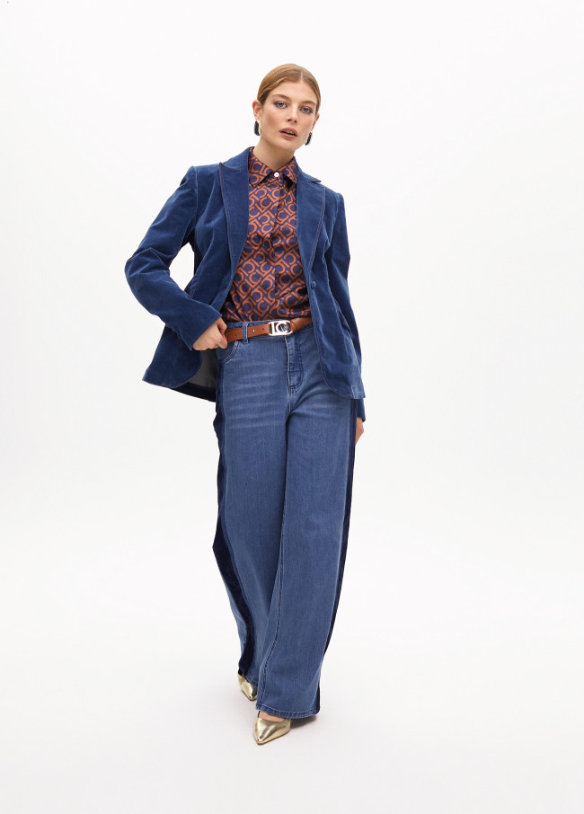 Blazer Ajusté en Velours Denim Détails Latéraux