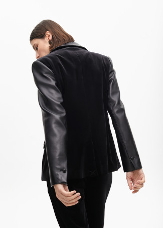 Fitted velvet blazer with faux leather details