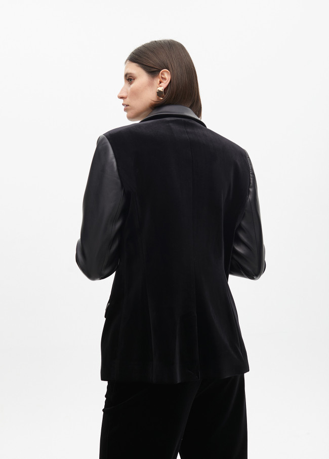 Fitted velvet blazer with faux leather details
